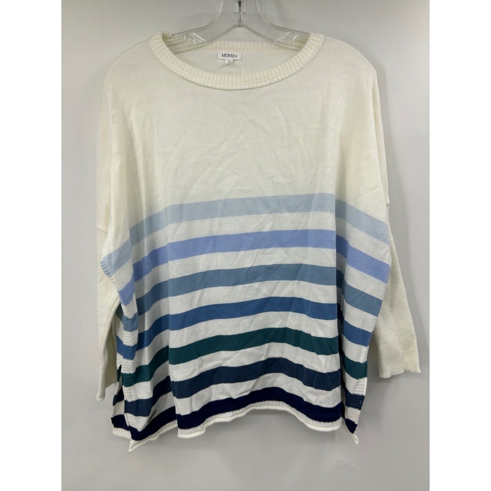 Mersea Womens Blue White Striped Crewneck Sweater Split Hem Size XS